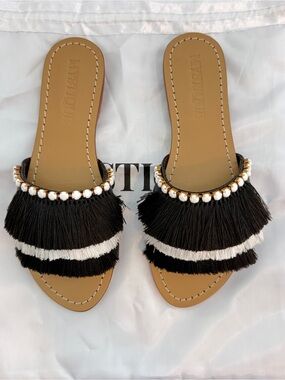 Mystique Boutique Black and White Fringe Beaded Slide Sandals